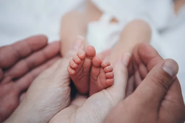 Nyfödda Barnets fötter. Mor och far håller nyfödda ben, ben massage begreppet barndom, hälsovård, Ivf, hygien — Stockfoto