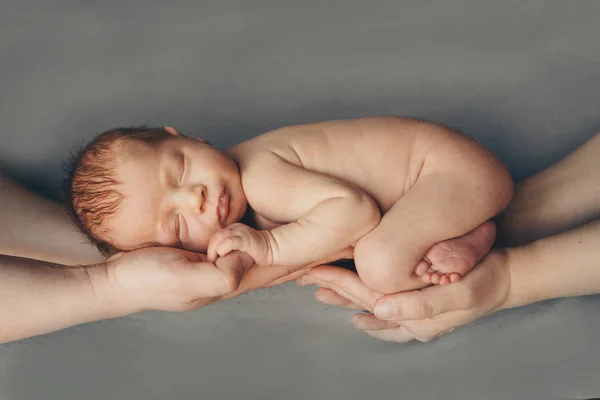 Newborn baby lying on hands of parents. Imitation of baby in womb. beautiful little girl sleeping on her back. manifestation of love. Health care concept, parenthood, children's Day, medicine, IVF — 스톡 사진