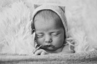 Kulakları olan örgü şapkalı yeni doğmuş bir bebek. Rahimdeki bir bebeğin taklidi gibi. Yeni doğmuş bir bebeğin portresi. Sağlık, ebeveynlik, çocuk günü, tıp, tüp bebek, moda