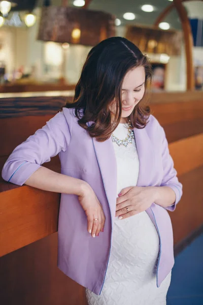 Pregnant Woman Stroking Her Stomach Girl Waiting Child Walks Shopping — Stock Photo, Image