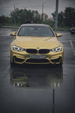 advertising of cars , Moscow, 1.11.2018: close- up details: BMW car company badge, radiator grille, headlights, bumper