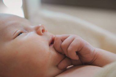 Küçük bir çocuk, bir battaniyenin altındaki ahşap bir yatakta yatıyor. Bebek emme parmağı. Çocukluk, sağlık ve çocuk mobilyaları, iç mekan, ahşap ürünler konsepti