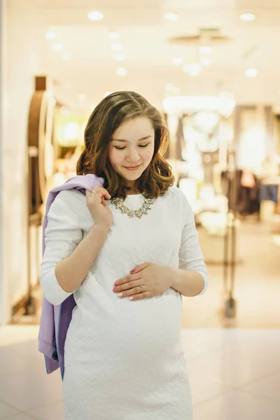 Pregnant Woman Stroking Her Stomach Girl Waiting Child Walks Shopping — Stock Photo, Image