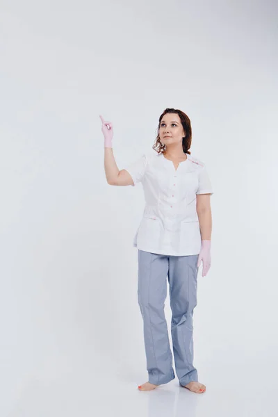 Doctor Rubber Gloves Shows Finger Point Girl Wears Protective Gear — Stock Photo, Image