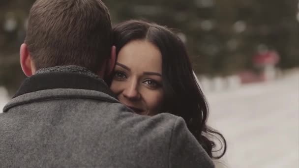 Couple Love Hugs Man Woman Look Each Other Eyes Bride — Stock Video