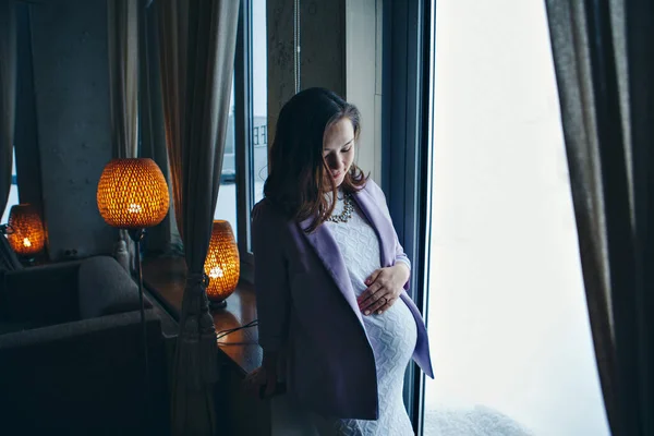 Pregnant Woman Stroking Her Stomach Girl Waiting Child Walks Shopping — Stock Photo, Image