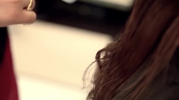 Bir Kız Berber Dükkanında Saçını Kesiyor Usta Saçını Kesiyor Memnun — Stok video