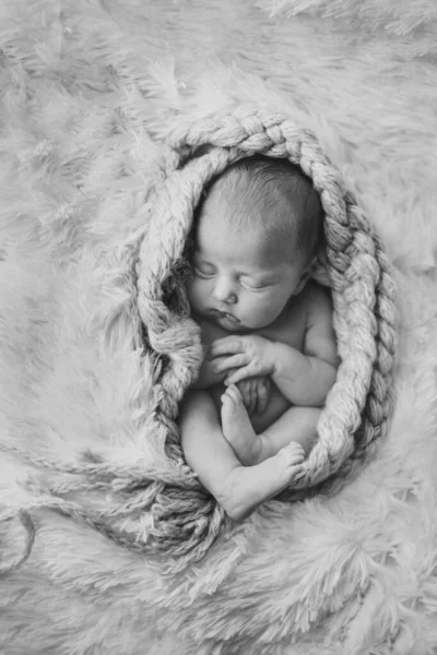 Portrait Little Girl Wool Blanket Imitation Umbilical Cord Baby Womb — Stock Photo, Image