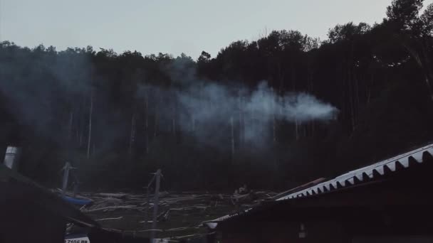 White Smoke Billows Chimney Firewood Sauna — Stock Video