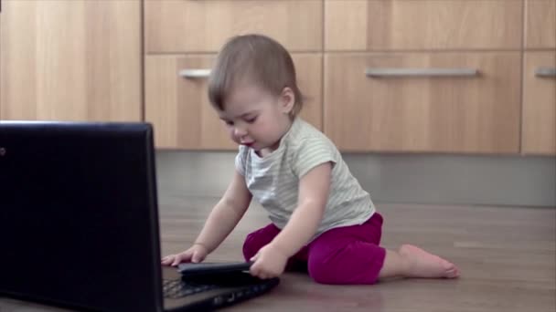 Small Child Plays Computer Child Prodigy Learns Techniques Business Planning — Stock Video