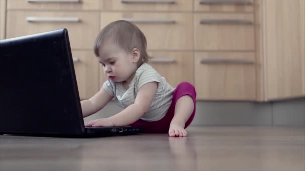 小さな子供がコンピュータで遊んでいます 子供Prodigyは 事業計画 家庭内作業 自己隔離 コロナウイルスからの保護 ウイルス 家庭教育 距離作業の技術を学びます — ストック動画