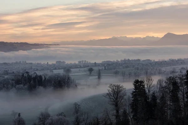 Jég hideg téli reggelen köd és a Mount Rigi a háttérben során a Hajnal Közép-Svájc — Stock Fotó