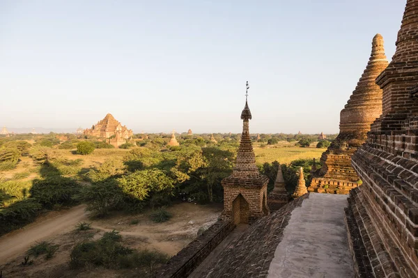 Architektonisches Detail einer Pagode im Vordergrund und des Pagodenfeldes von Bagan — Stockfoto