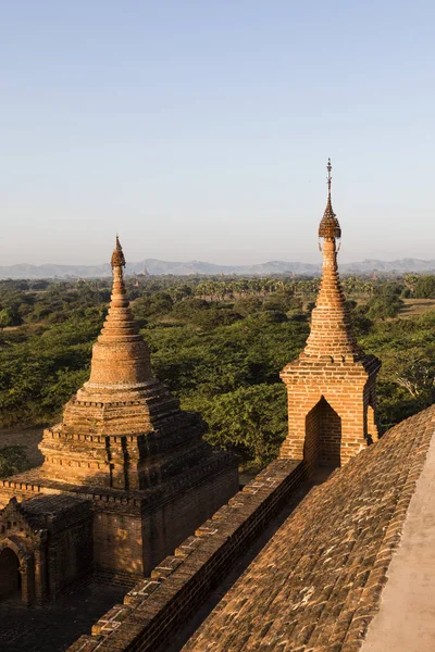 Architektonisches Detail einer Pagode im Vordergrund und des Pagodenfeldes von Bagan — Stockfoto