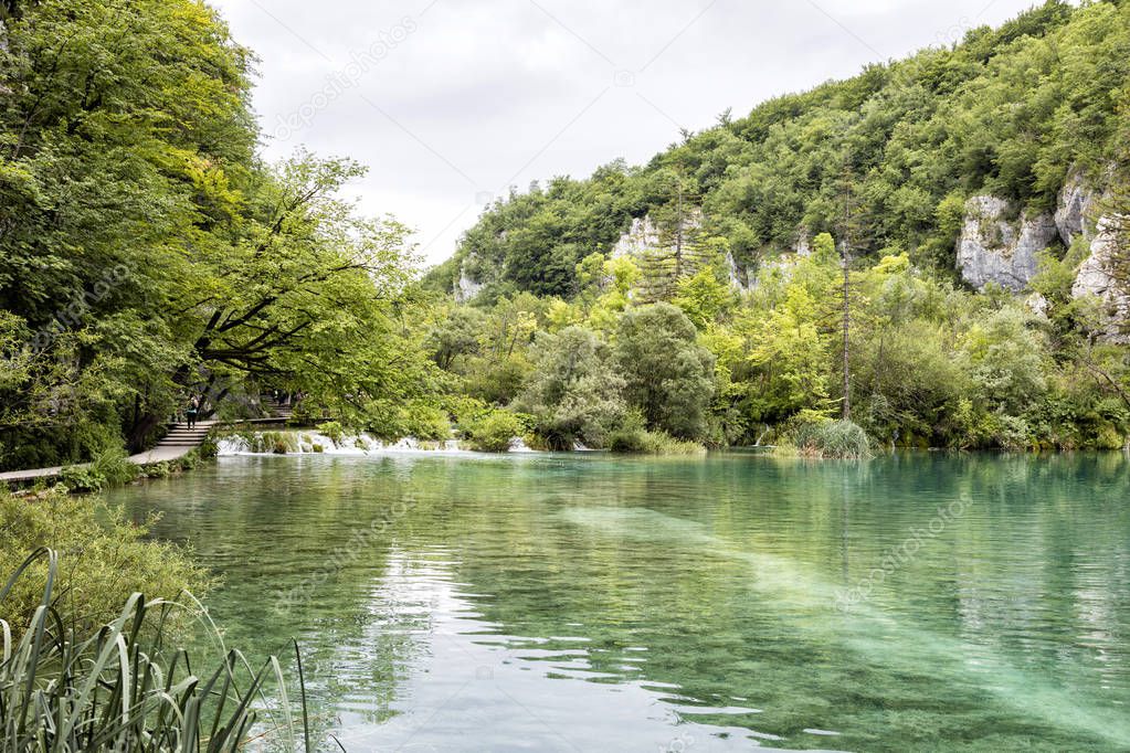 Turquoise lake in Plitvice Lakes National Park in summer in Croatia