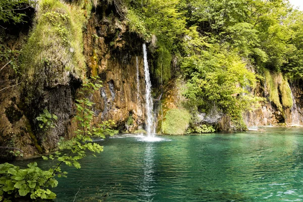 Paradiesische Landschaft mit Wasserfall fließt in einen Teich im Nationalpark Plitvicer Seen im Sommer in Kroatien — Stockfoto