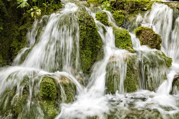 Pequena cachoeira flui sobre pedras cobertas de musgo no Parque Nacional dos Lagos de Plitvice no verão na Croácia — Fotografia de Stock