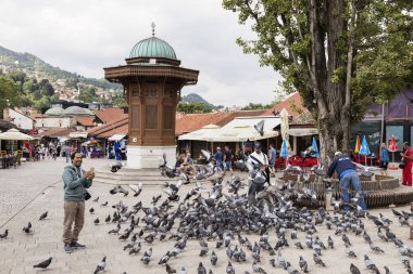 Saraybosna, Bosna-Hersek, 16 Temmuz 2017: Adam tarihi şehir merkezi Sebilj çeşme önünde güvercin besleme