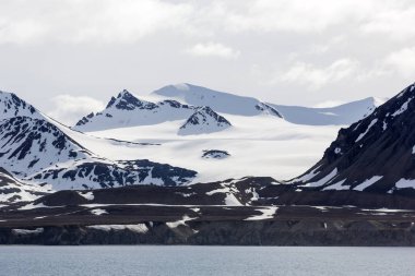 Karlı dağlarla denizin Spitsbergen, Norveç'te görüldü güneşli bir manzara