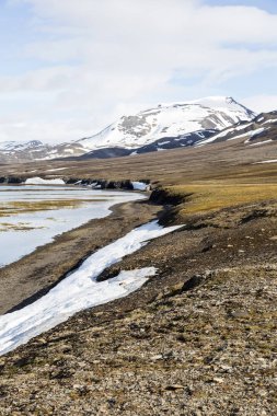 Bir fiyort Spitsbergen, Norveç'te güneşli bir arka planda dağlar ile Panorama