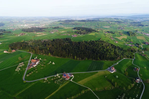 Kuperat landskap med skog i centrala Schweiz på en vacker vårmorgon med träd och skogar — Stockfoto