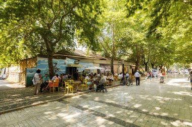 Tiran, Arnavutluk, 8 Temmuz 2019: Tiran 'da ağaçlı bir yaya kenti caddesinde yürüyen insanlar, yan taraftaki bir açık kafedeki insanlar.