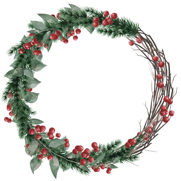 A wreath of branches, leaves, red berries and spruce branches. Round frame for the design of postcards, invitations, decor, stickers, photos. — Stock Photo, Image
