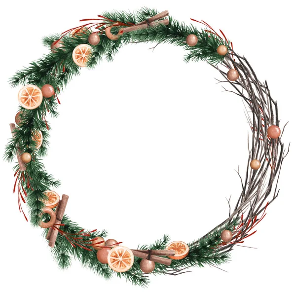 A wreath of branches and fir branches. Round frame for the design of postcards, invitations, decor, stickers, photos. — Stock Photo, Image