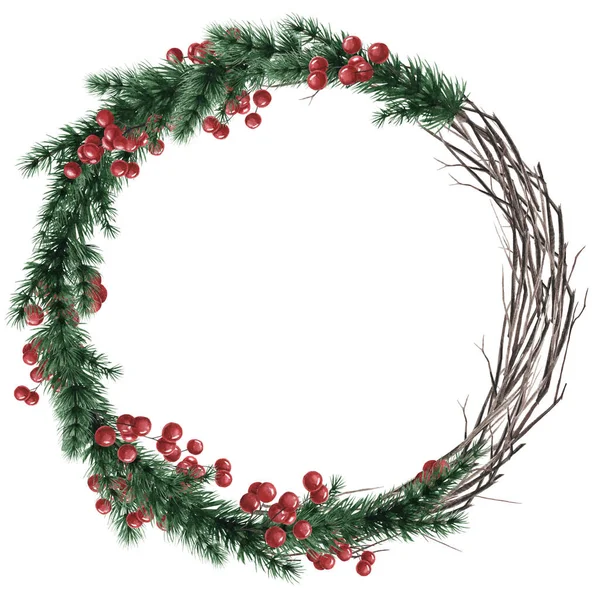 A wreath of branches, red berries and spruce branches. Round frame for the design of postcards, invitations, decor, stickers, photos. — Stock Photo, Image
