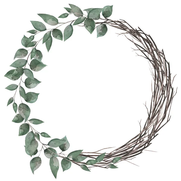 Marco redondo hecho de ramas con hojas y ramas verdes. Ilustración de acuarela para fotos, decoración y diseño . — Foto de Stock