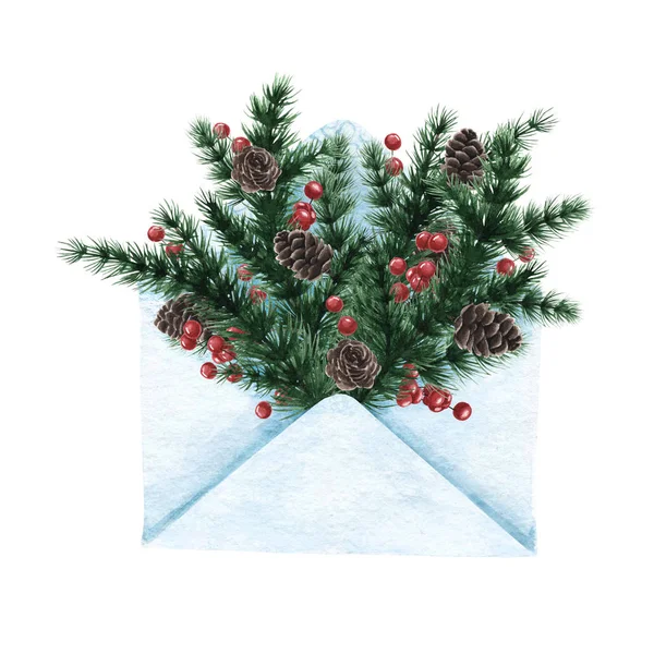 Watercolor illustration of winter fir branches in a paper envelope. — Stock Photo, Image