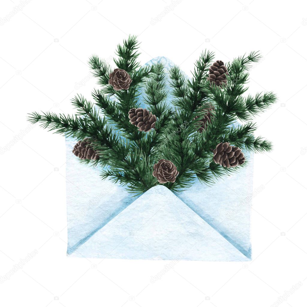 Watercolor illustration of winter fir branches in a paper envelope.