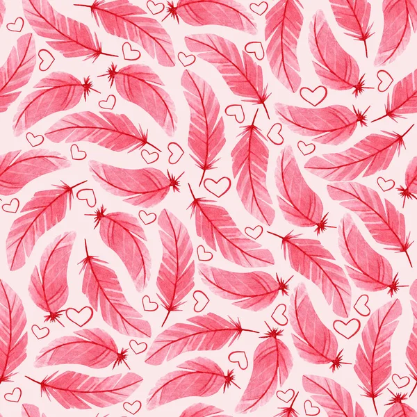 Seamless feather pattern for valentines day. Watercolor background for design, decor, print, textile, etc. — 스톡 사진