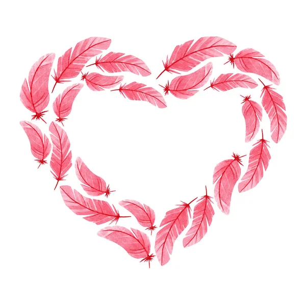 Ilustración en acuarela en forma de corazón para el Día de San Valentín. Composición de plumas rosadas para las vacaciones de todos los amantes . — Foto de Stock