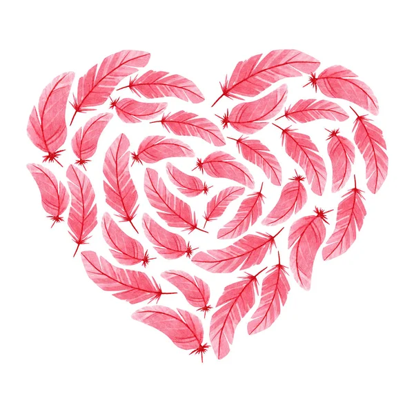Akvarel ilustrace v podobě srdce na Valentýna. Složení růžového peří pro svátky všech milenců. — Stock fotografie