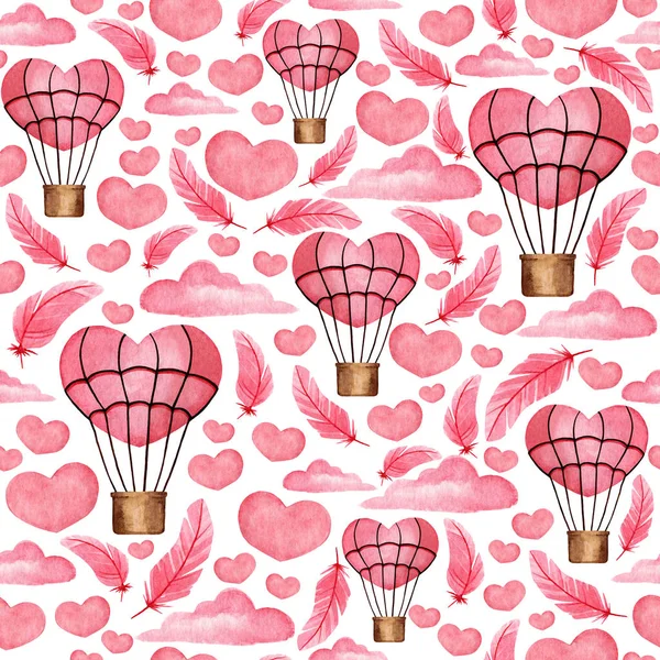 Seamless pattern with pink hearts, clouds, balloons. Watercolor background for design, decor, scrapbook, print, fabric, textile, greeting card, invitation, etc. — 스톡 사진