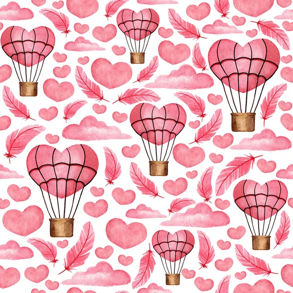 Patrón sin costuras con corazones rosados, nubes, globos. Fondo de acuarela para diseño, decoración, álbum de recortes, impresión, tela, textil, tarjeta de felicitación, invitación, etc. . —  Fotos de Stock