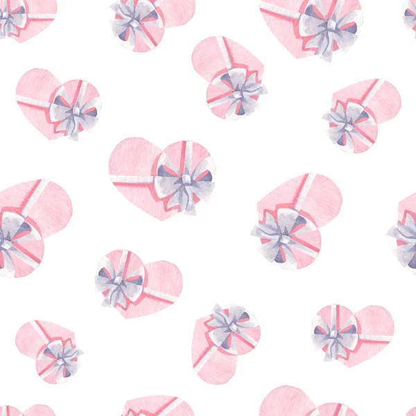 Seamless pattern with pink hearts and bows. Watercolor background for design, decor, scrapbook, print, fabric, textile, greeting card, invitation, etc. — 스톡 사진