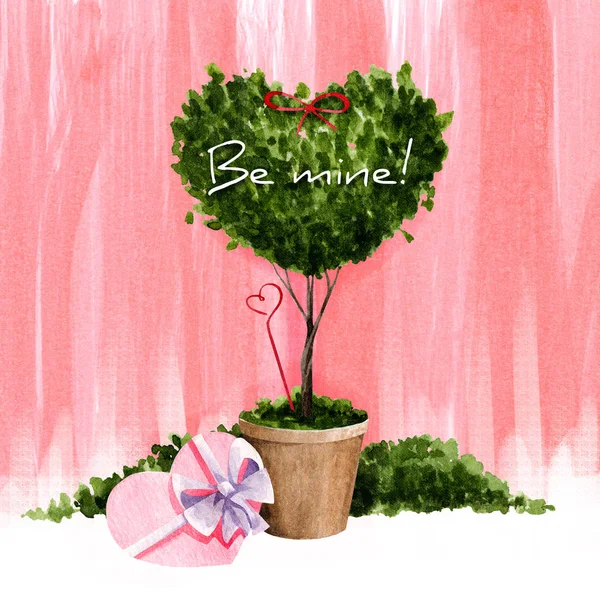 Watercolor card for Valentines Day. Spring illustration of a potted flower in the form of a ball for Valentines Day. — 스톡 사진