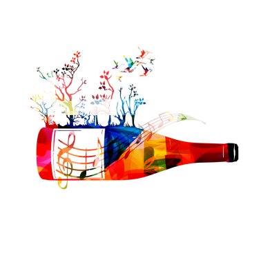 Ağaçları ile renkli şarap şişesi
