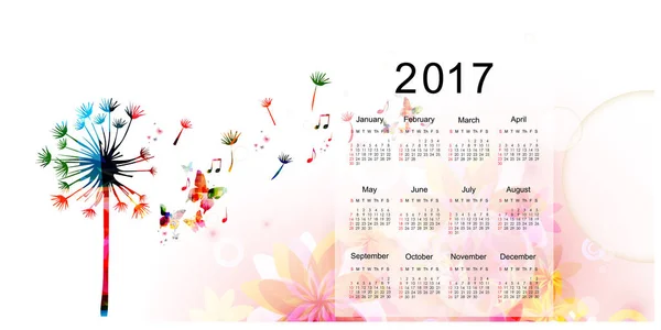 Modèle de calendrier 2017 avec pissenlit coloré — Image vectorielle