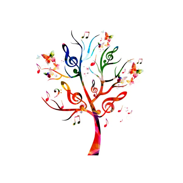 Árbol con notas musicales y mariposas — Vector de stock