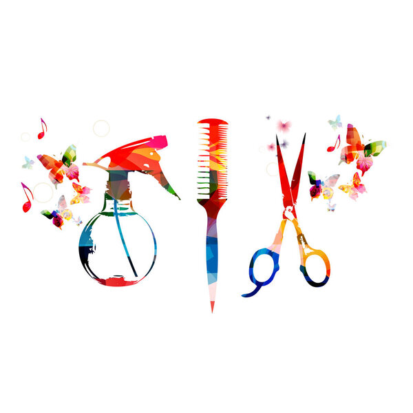 Colorful comb, scissors and sprayer
