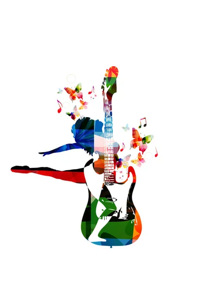 Gitar warna-warni dengan wanita menari - Stok Vektor