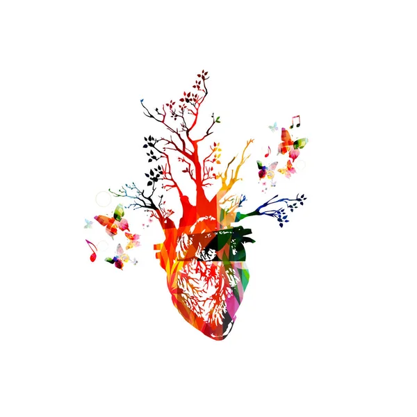 Färgglada mänskliga hjärtat med växande träd — Stock vektor