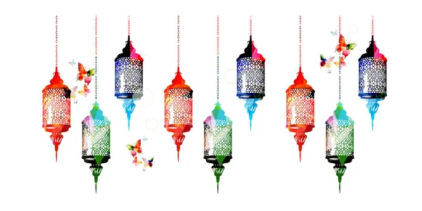 Kleurrijke lampen van de Ramadan met Arabische kalligrafie — Stockvector