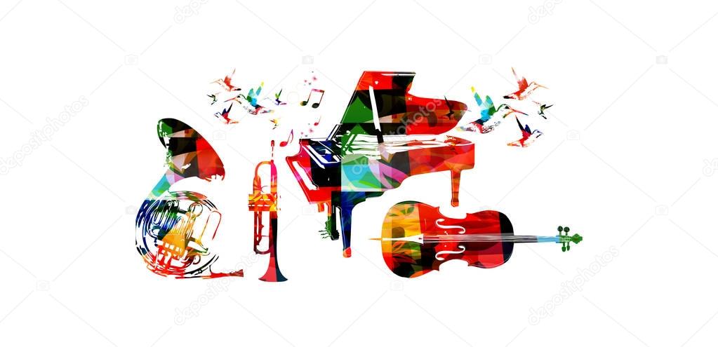 Colorful music instruments and hummingbirds