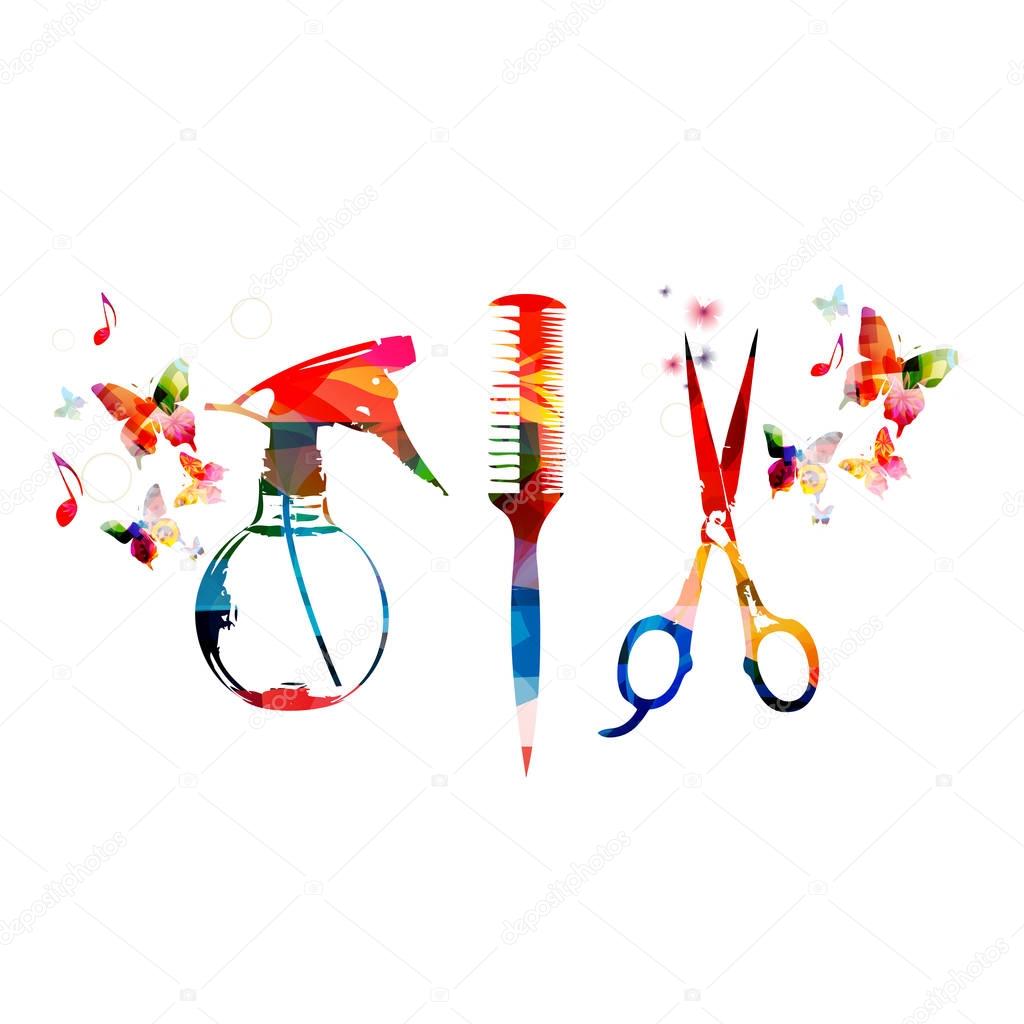 Colorful comb, scissors and sprayer