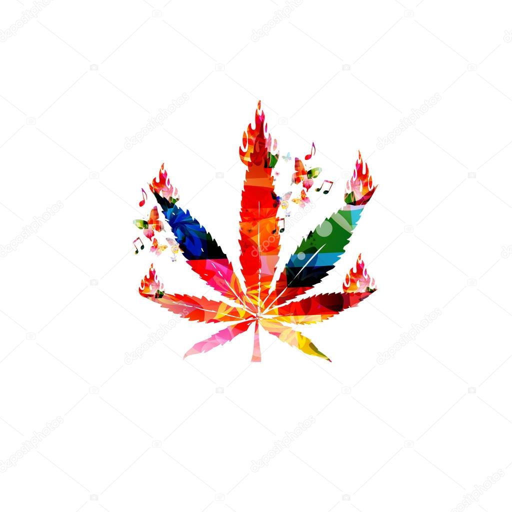Colorful marijuana leaf with fire flames