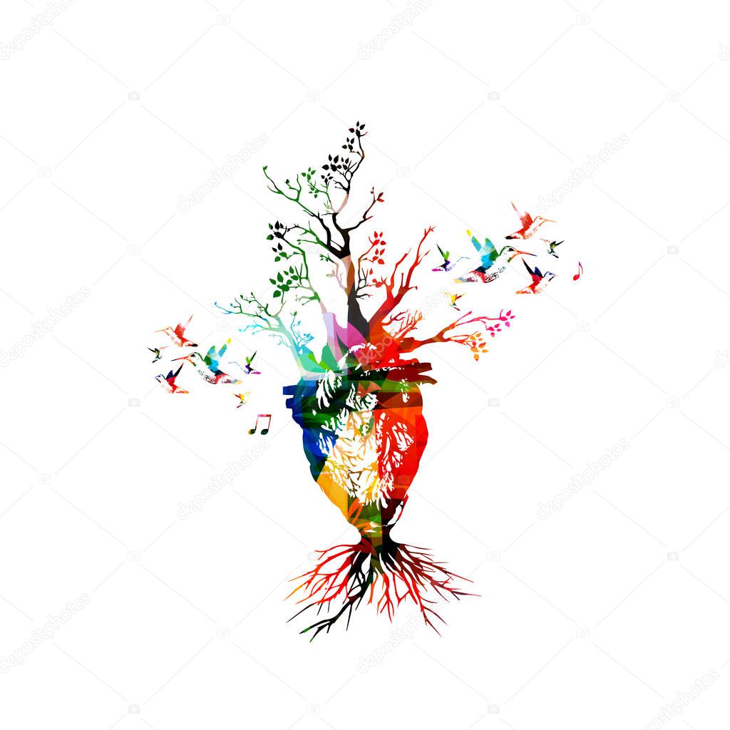 Colorful human heart with growing trees